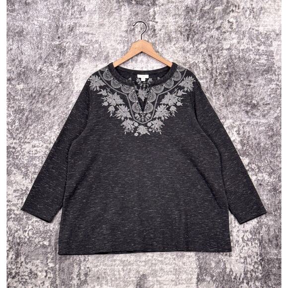 J Jill Tunic Top XL Womens Gray Thermal Embroidered Pullover Split Neck - Picture 1 of 8